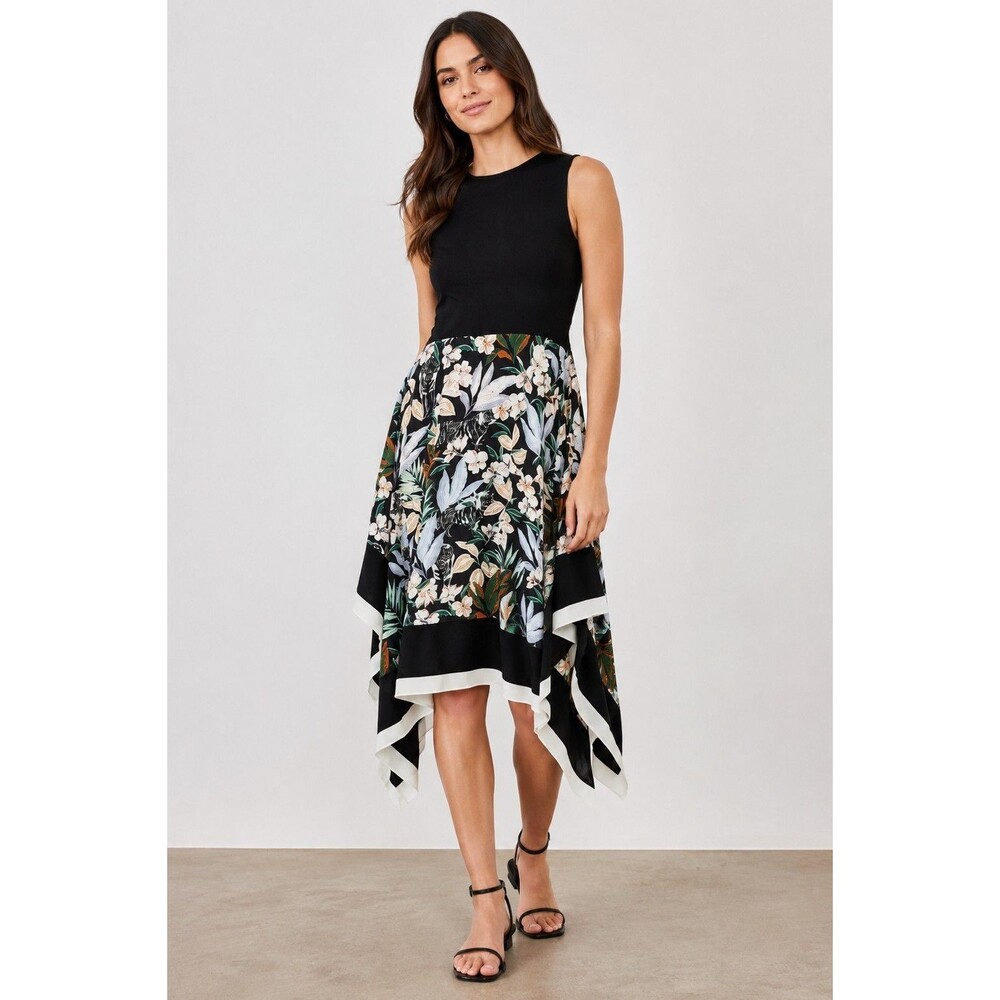Maje Rosange Mixed Media Midi Dress Sz 40/L Black Jungle Floral Handkerchief Hem